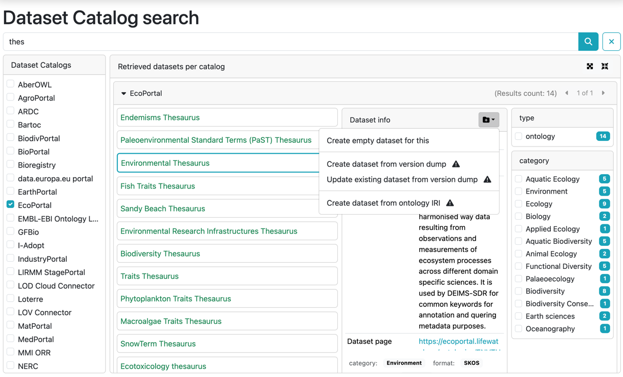 Dataset catalogs: Datasets management