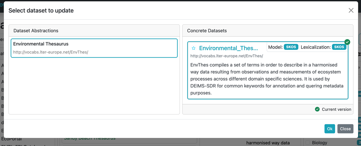 Dataset catalogs: Datasets management select dataset