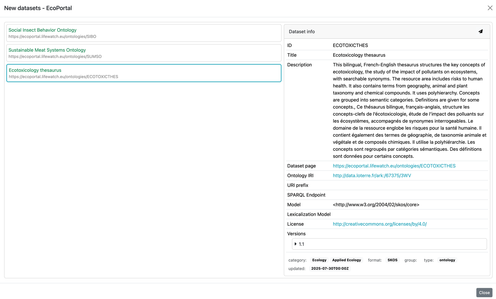 Dataset catalogs: Discovered New Dataset Dialog
