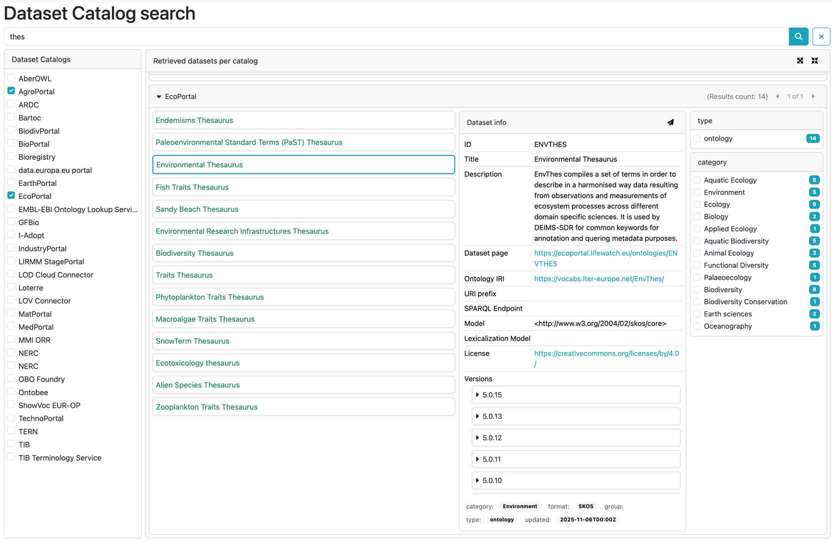 Dataset catalogs: Search result